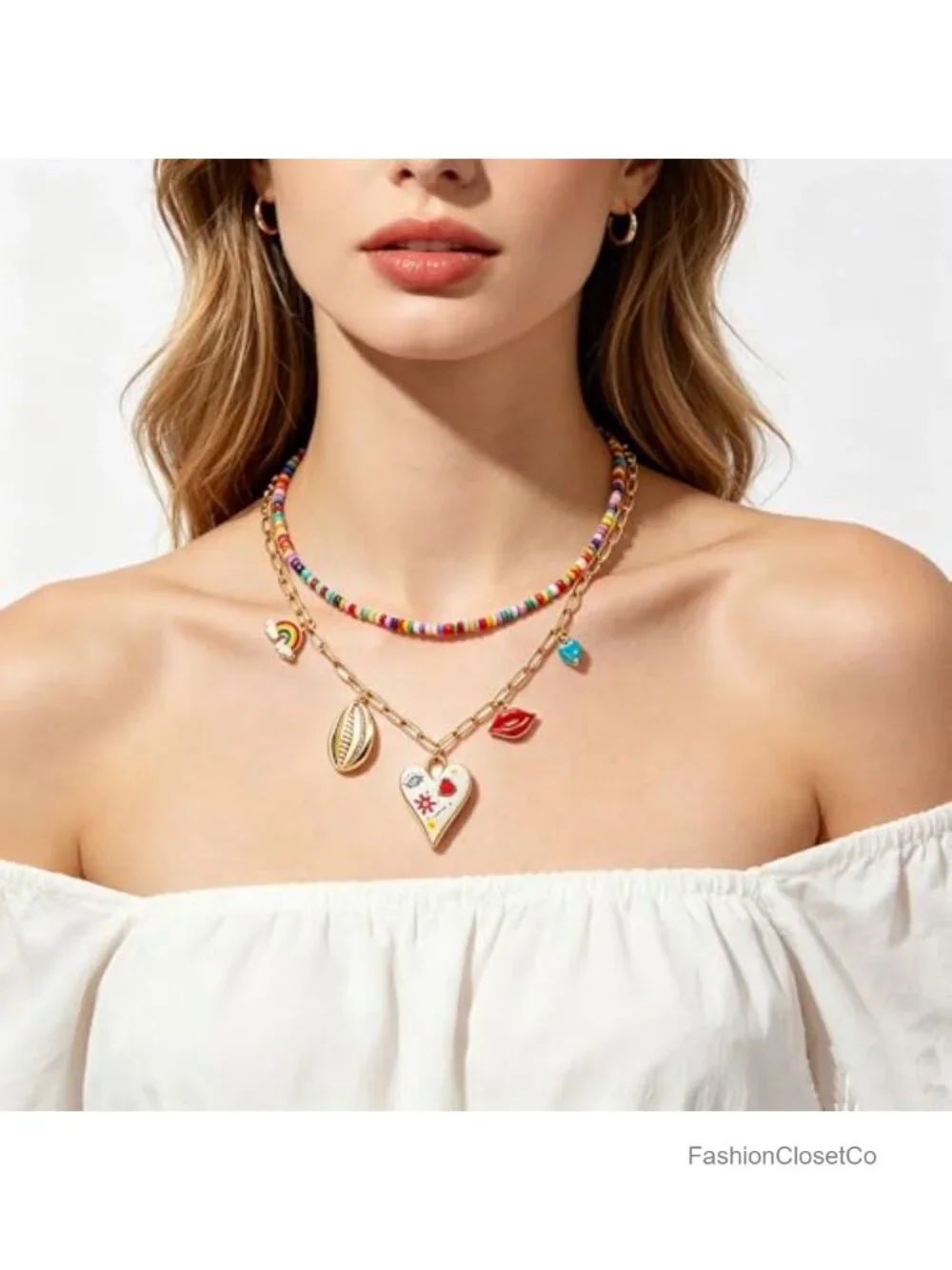 Layered Beaded Choker Necklace Set Evil Eye Heart Pendant Boho Dainty Statement